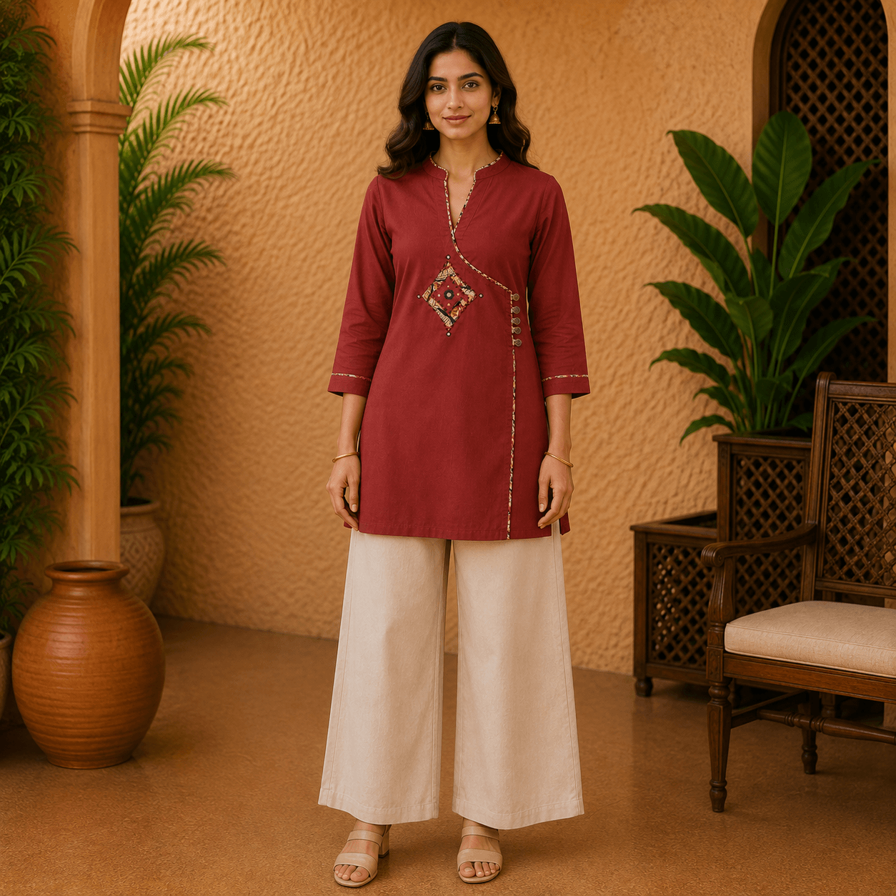 Rust Red Embroidered Short Kurti