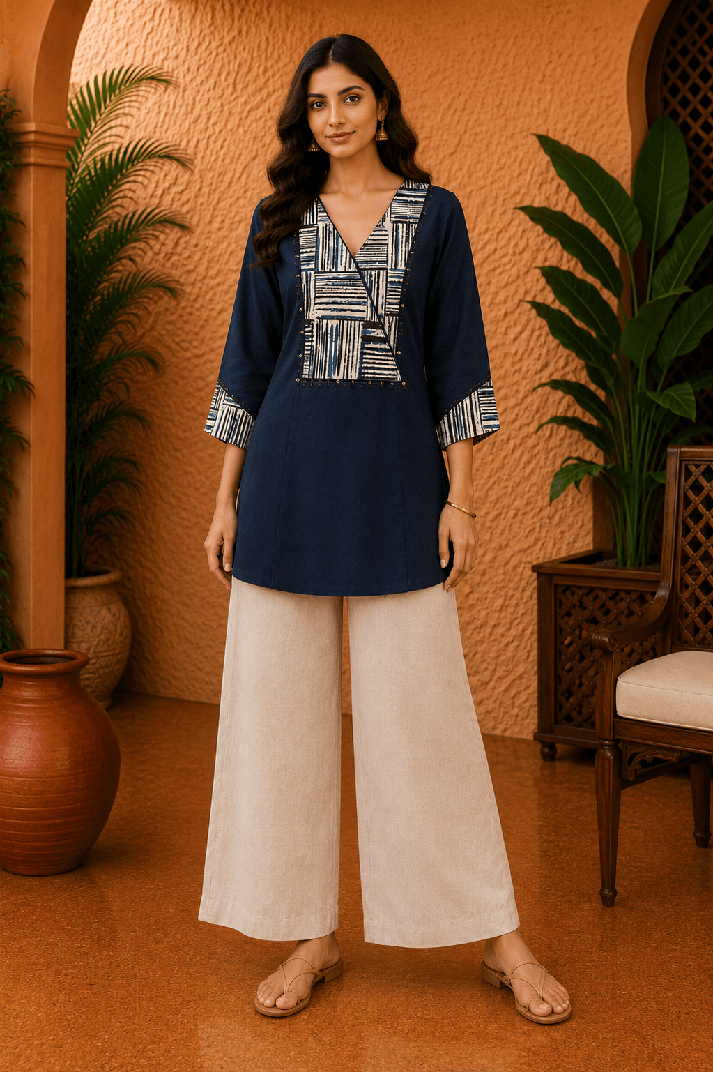 Navy Blue Patterned Panel Short Kurti