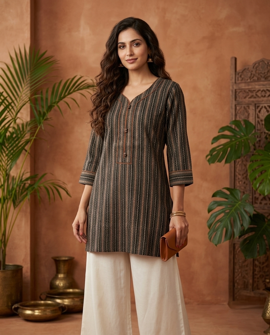 Striped Cotton Short Kurti with V-Neck